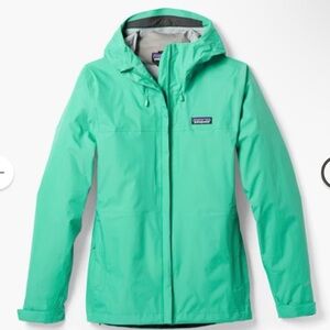 Patagonia Teal Hooded Rain Jacket with Lime Accents